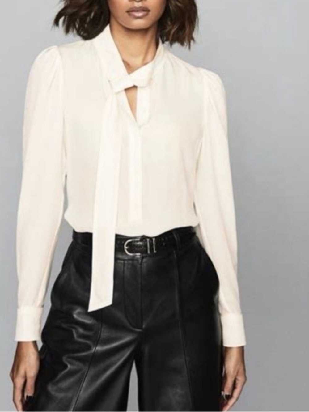 Reiss Cream Tie-Neck Long-Sleeve Blouse